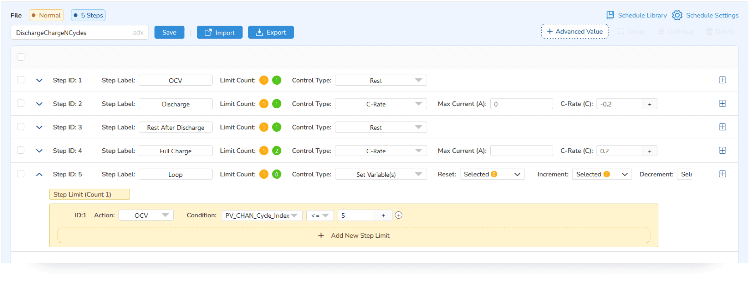 ARBIN-Arbin Control Scripting-Example Schedule