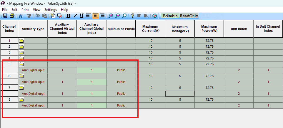 arbin map aux digital input channel