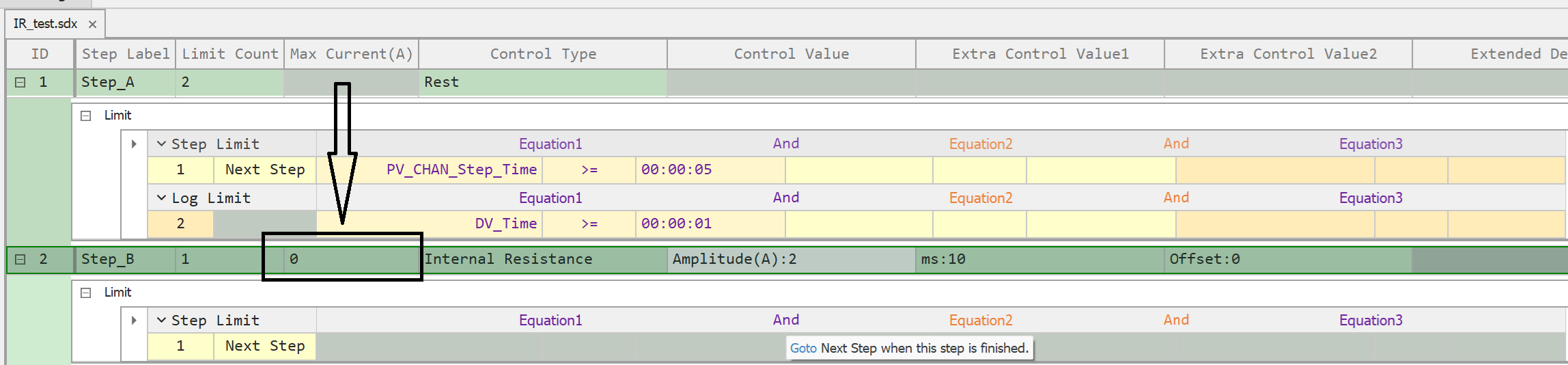internal resistance steps in schedule mits arbin software